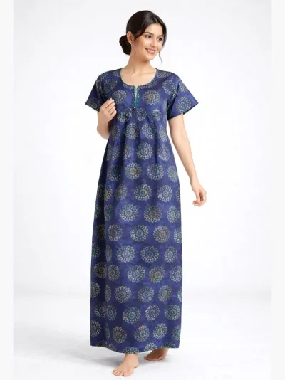 Women's pure cotton gown style zipper nighty, navy blue